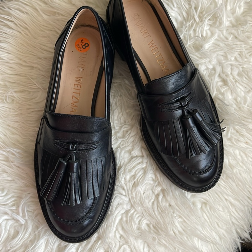 Stuart Weitzman Black Adriana Leather Tassel Loafers